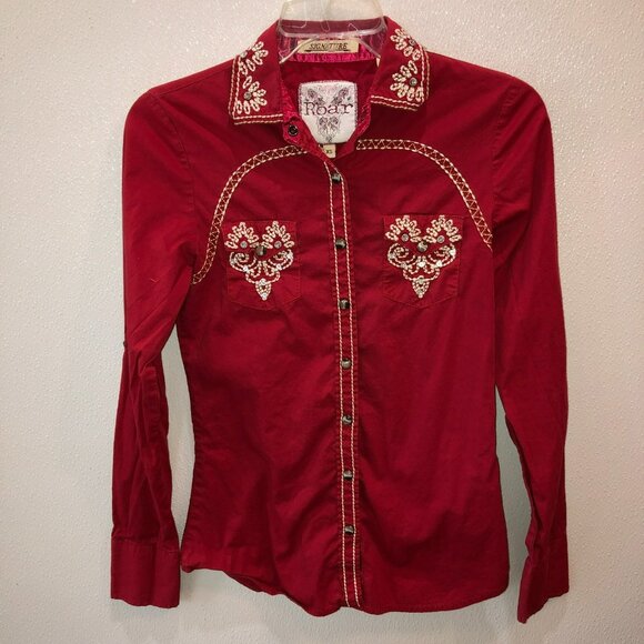 Roar Signature Embellished Y2K Red Button Up Shirt Size XS Heart Pockets - Picture 4 of 11